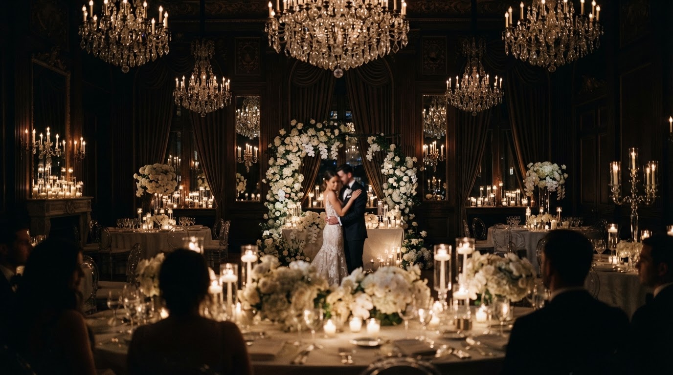 Salão de casamento iluminado por velas